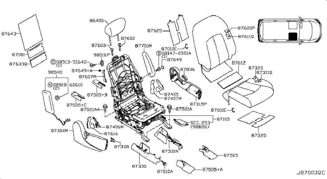 FRAME & ADJUSTER ASSY-FRONT SEAT,RH, 871011JG2D, 主組: Seat & Seat Belt, 子組: FRONT SEAT; RH SEAT(MANUAL+HEATER), 圖示位置: 87105