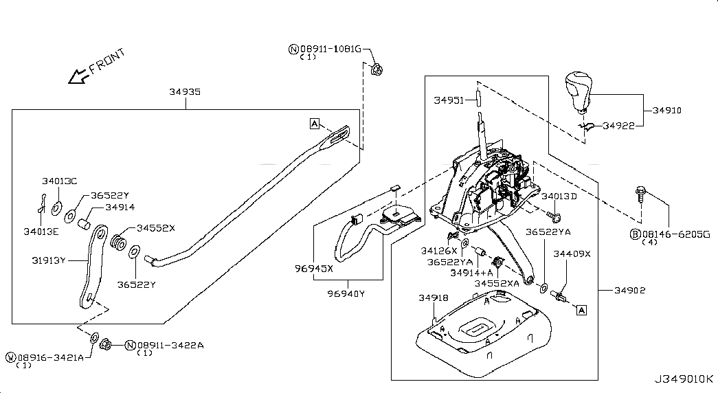 DEVICE ASSY-TRANSMISSION CONTROL, 349014GF2A, 主組: Power Train, 子組: AUTO TRANSMISSION CONTROL DEVICE, 圖示位置: 34902