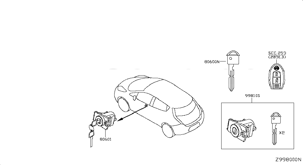 CYLINDER SET-DOOR LOCK,LH, <span>H0601JN01A, Main Group: Miscellaneous, Diagram: KEY SET & BLANK KEY, Location Of Picture: 80601