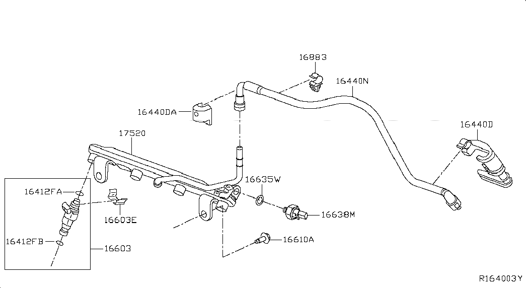 CONNECTOR-FUEL FEED PIPING, 175305AF0A, 主組: Fuel & Engine Control, 子組: FUEL STRAINER & FUEL HOSE; F/STD, 圖示位置: 16440D