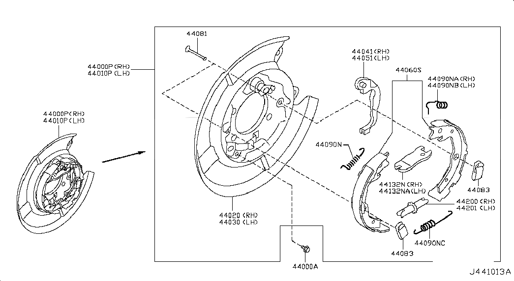 BRAKE ASSY-PARKING,REAR LH, <span>44010ET01A, Main Group: Brake, Diagram: REAR BRAKE; PARKING BRAKE, Location Of Picture: 44010P