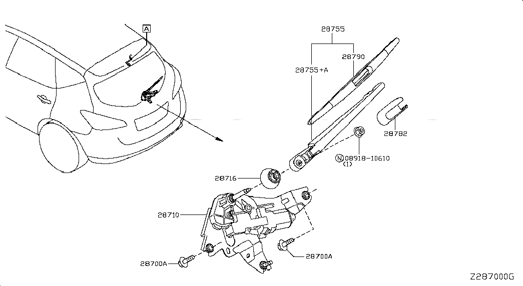 MOTOR ASSY-REAR WINDOW WIPER, <span>287105BC0A, Main Group: Body Electrical, Diagram: REAR WINDOW WIPER, Location Of Picture: 28710