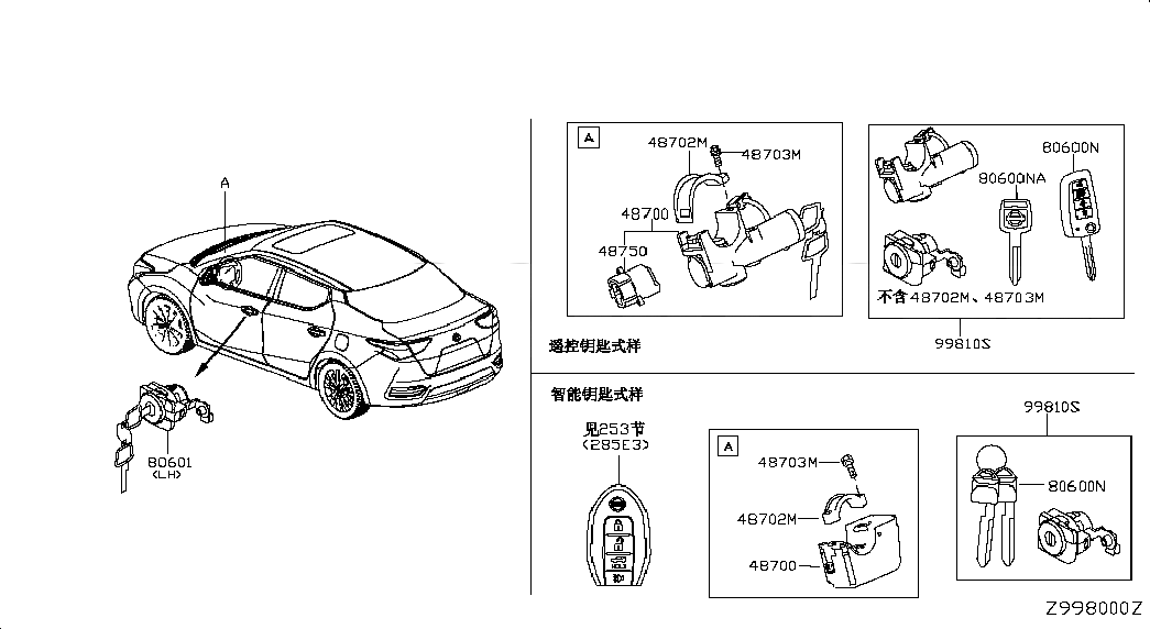 KEY SET, 998105MA3A, 主組: Miscellaneous, 子組: KEY SET & BLANK KEY, 圖示位置: 99810S