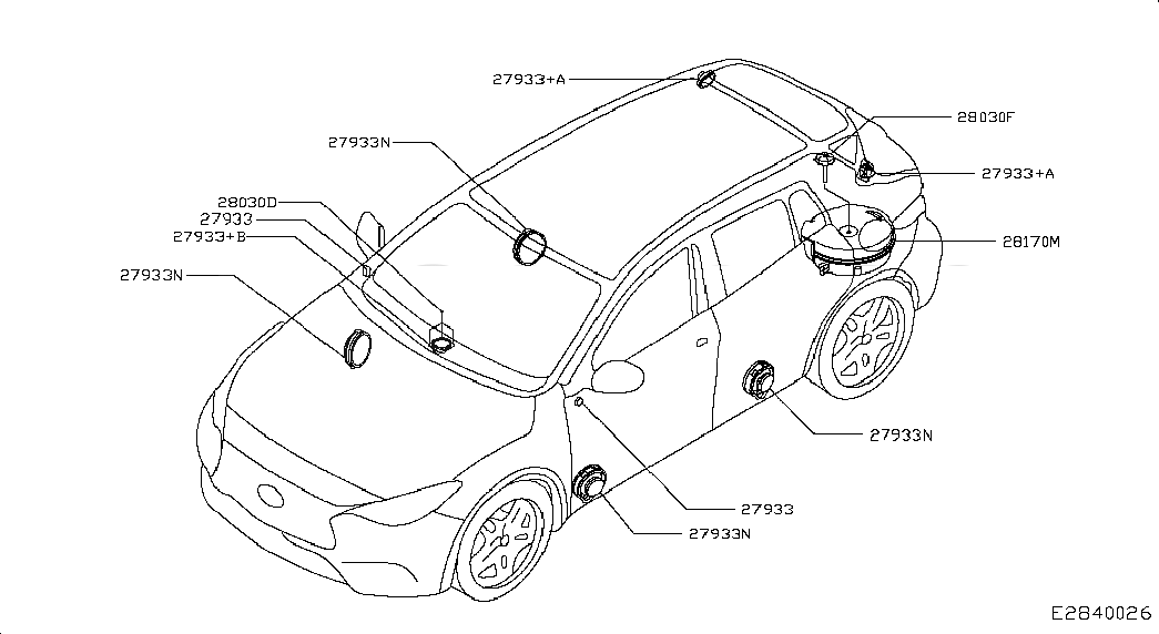 SPEAKER UNIT, 281565DA0A, 主組: Body Electrical, 子組: SPEAKER, 圖示位置: 27933N